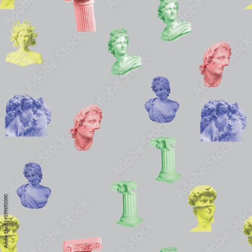 Antique ancient greek human statue, roman column, greek sculpture, checkerboard pattern seamless pattern