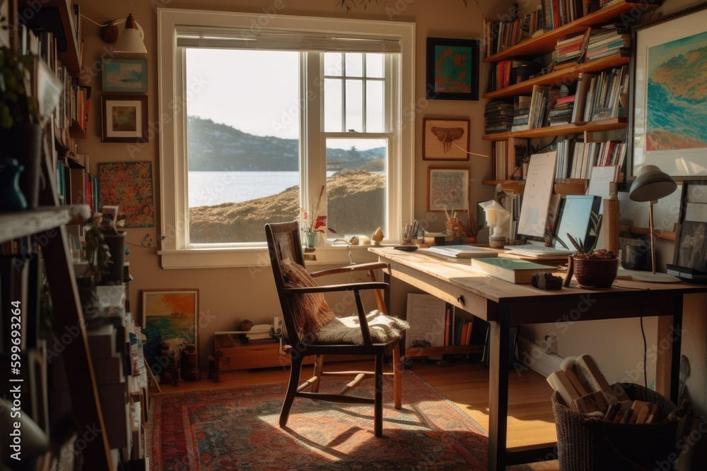 Creative Workspace Home office with view on a lake, Generative AI