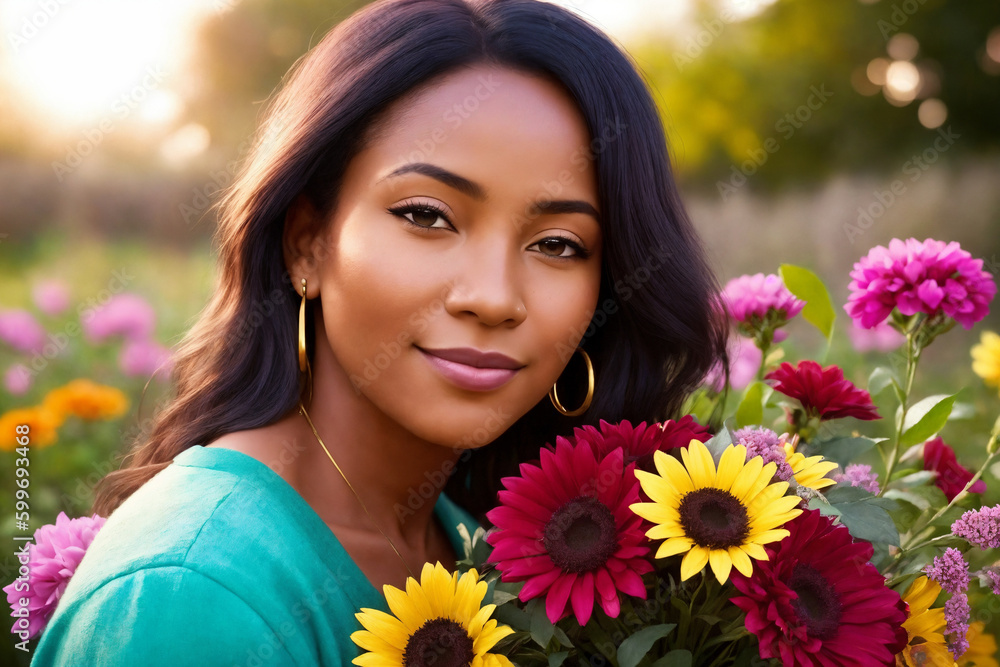 Portrait of an african woman with bouquet of flowers in a garden. Generative AI. Portrait of an african woman with bouquet of flowers in a garden. Generative AI.