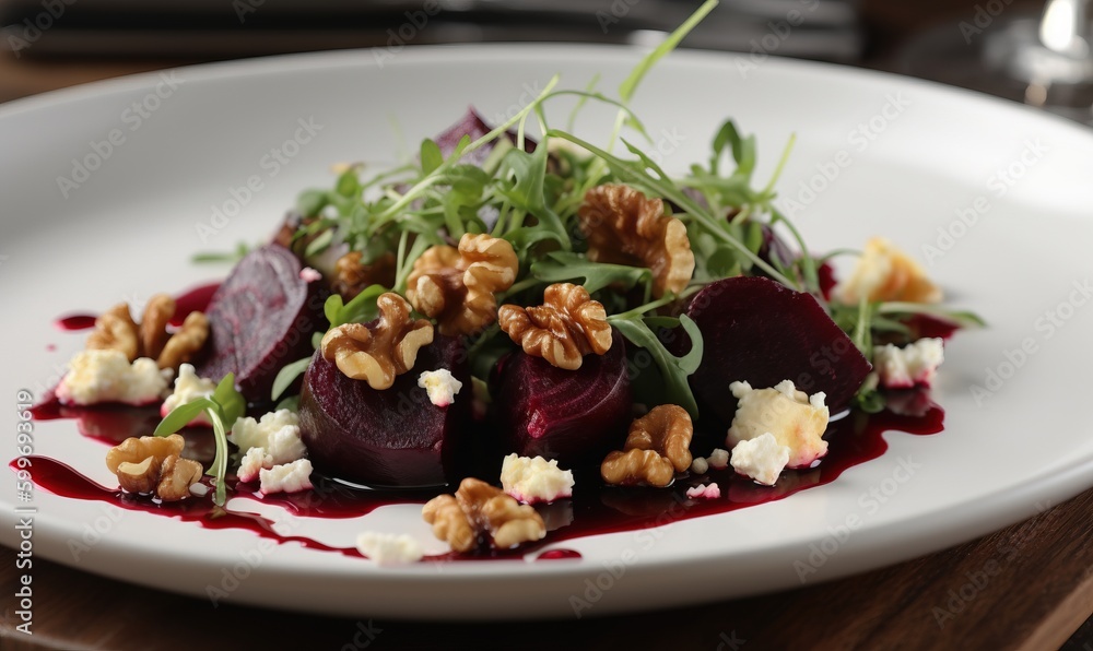  a white plate topped with beets and nuts on top of a wooden table.  generative ai