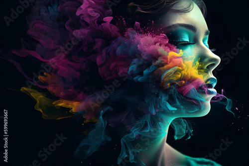 Magical colorful smoke coming out of a woman. Concept background.