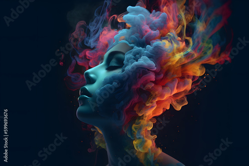 Magical colorful smoke coming out of a woman. Concept background. Generative IA. 