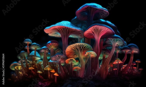  a bunch of mushrooms that are glowing in the dark night. generative ai