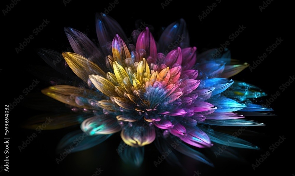 a multicolored flower is shown in the middle of a black background. generative ai a multicolored flower is shown in the middle of a black background. generative ai