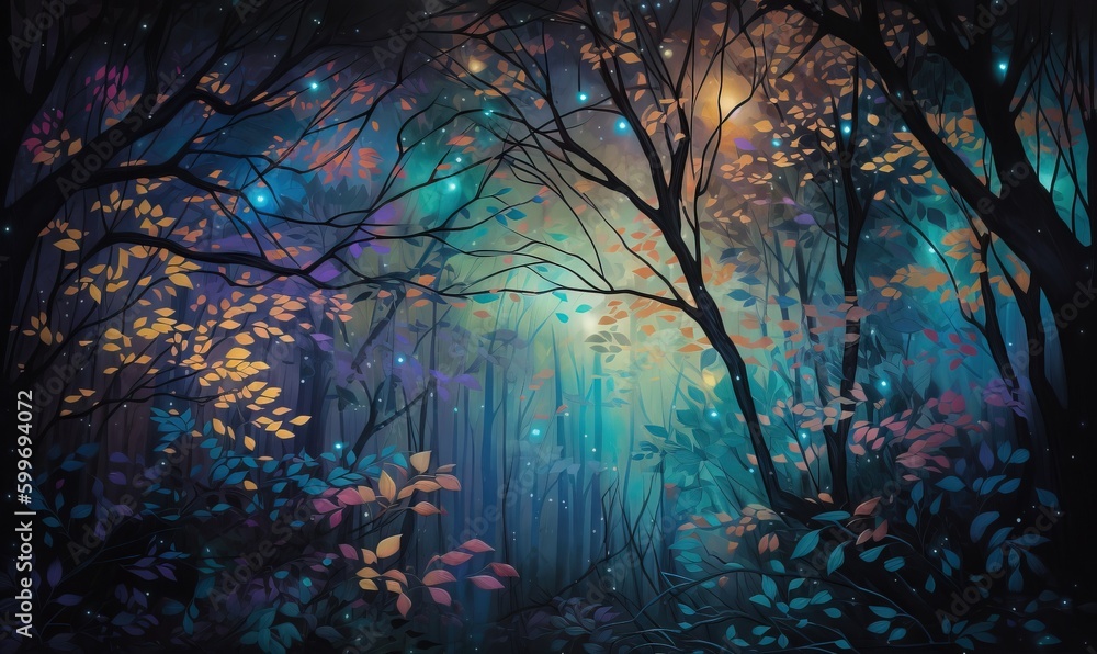  a painting of a forest filled with lots of trees and leaves.  generative ai
