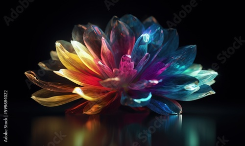  a multicolored flower on a reflective surface with a black background.  generative ai