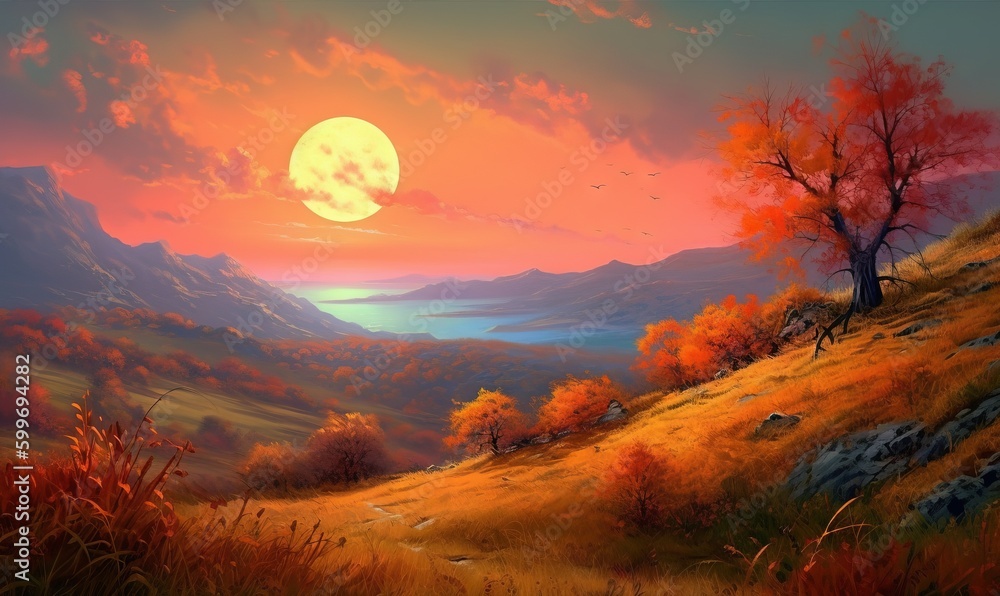 a painting of a sunset over a mountain with a tree. generative ai a painting of a sunset over a mountain with a tree. generative ai