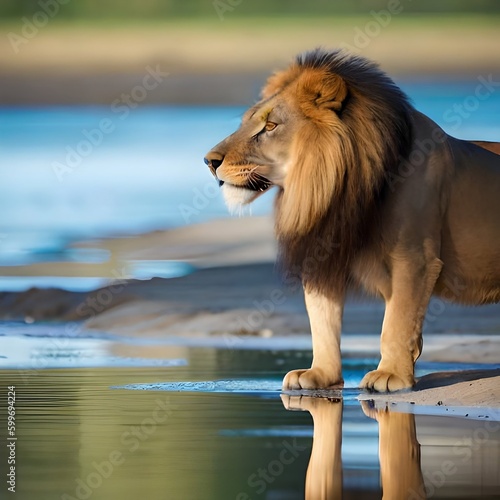 A lion drinking from a stream  with high-definition details of its tongue lapping up the water