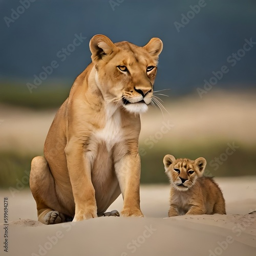 A lioness watching over her cubs as they play in the sand