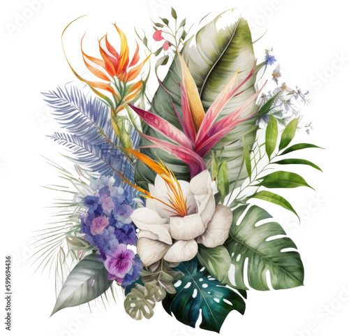 Watercolor tropical leaves. Illustration AI Generative.
