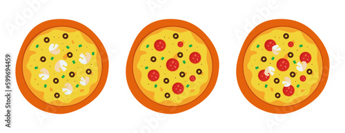 Set of flat pizza icons isolated on white. Four varieties: pepperoni, vegetarian and mixed