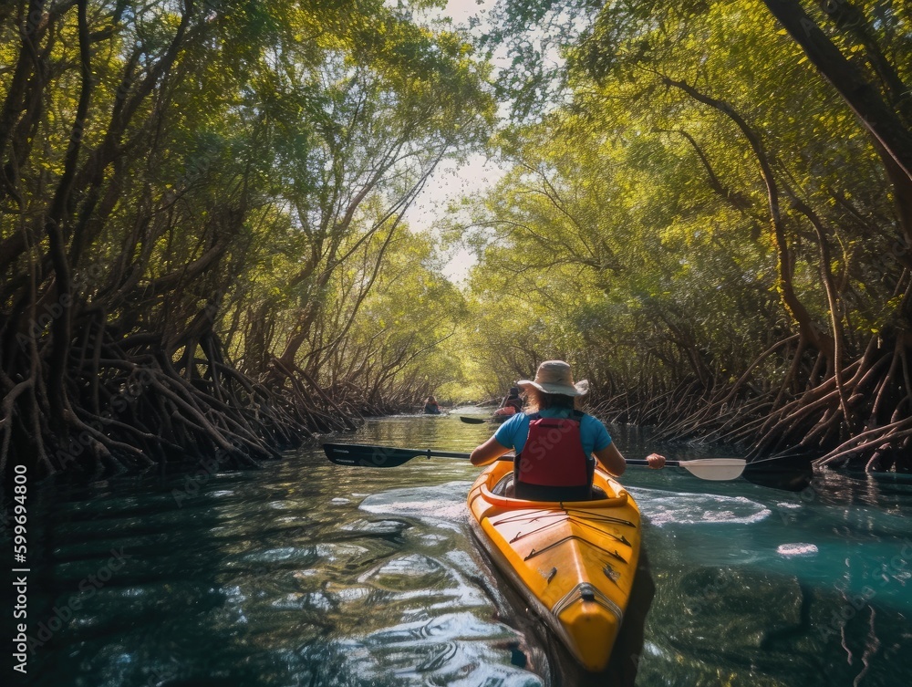 Fototapeta premium couple kayaking in a tranquil mangrove forest, generative ai