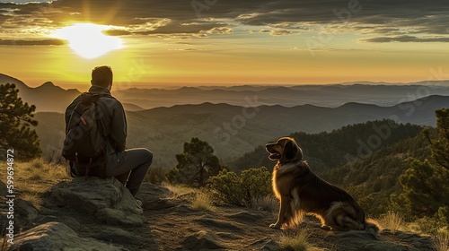 man and his dog enjoying a sunset hike, generative ai © Perfect PNG