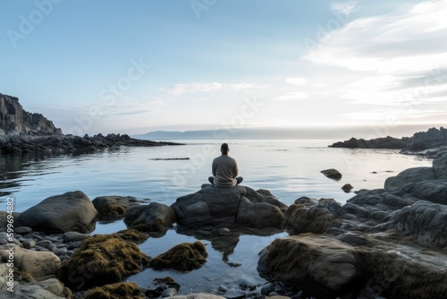 man meditating on a rocky shoreline, generative ai