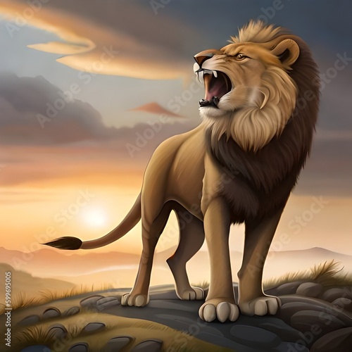 A lion standing tall and proud, with a majestic mane blowing in the wind