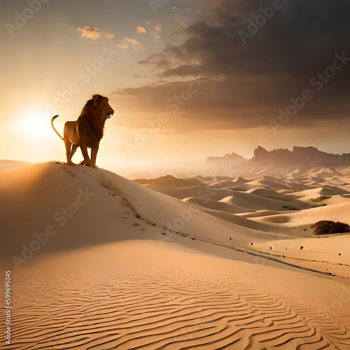 A wide-angle shot of a lion standing on a sand dune, with a vast desert landscape in the background