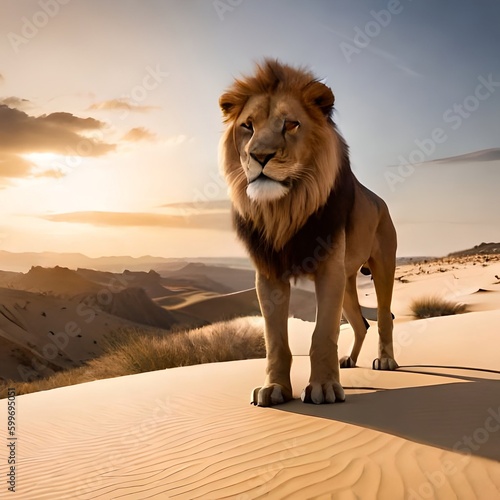 A wide-angle shot of a lion standing on a sand dune  with a vast desert landscape in the background