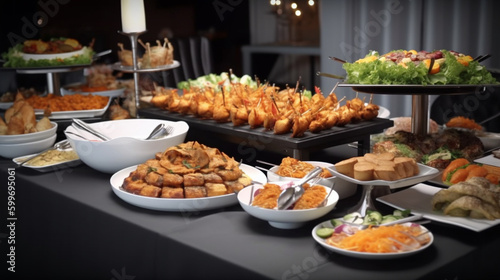 very detailed image catering table with plates of food  Generative Ai