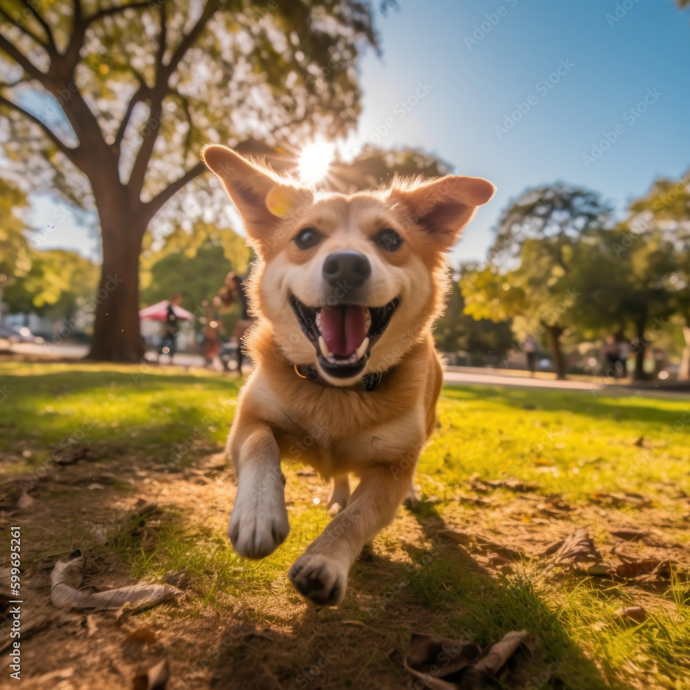 Naklejka premium Cute dog plays in park. Illustration AI Generative.