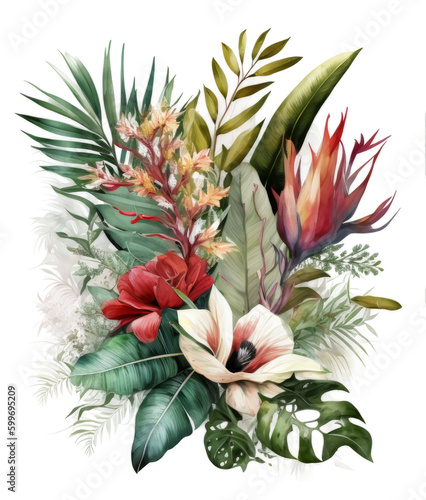 Watercolor tropical leaves. Illustration AI Generative.