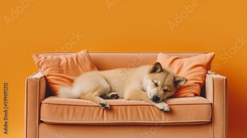 Cute dog sleeps on sofa. Illustration AI Generative.