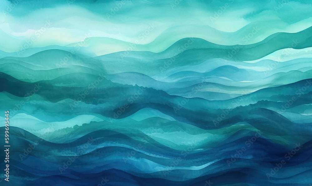 Fototapeta premium a painting of blue waves on a green and blue background. generative ai
