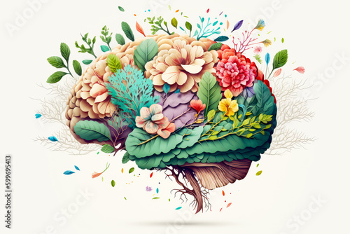 Human brain with spring colorful flowers. Concept of mental health, self care, happiness, harmony, positive thinking, creative mind. World Mental Health day. Generative ai.
