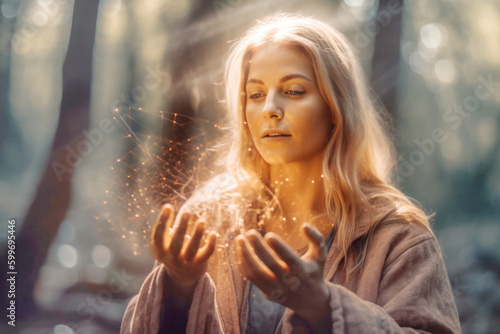 Portrait of spiritual woman healing energy in hands. Generative AI. photo
