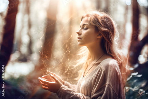 Portrait of spiritual woman healing energy in hands.  photo