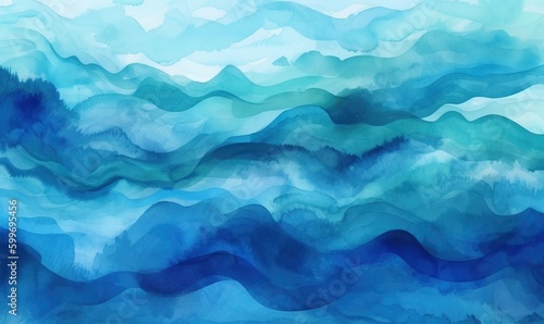  a painting of a blue ocean with waves and a sky background.  generative ai