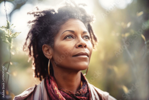 Portrait of hopeful Black woman with in nature.  Generative AI. photo
