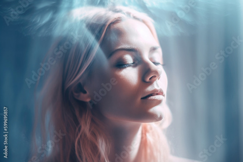 Woman meditating with spiritual energy aura around her. Generative AI. photo