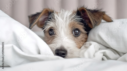 Cute dog sleeps on bed. Illustration Generative AI