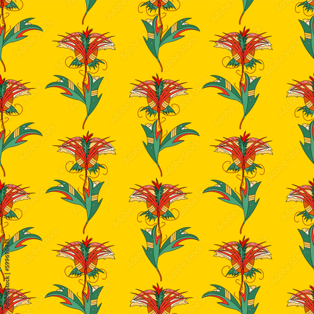 Seamless pattern of abstract flowers on a bright yellow background. Bright vibrant pattern.