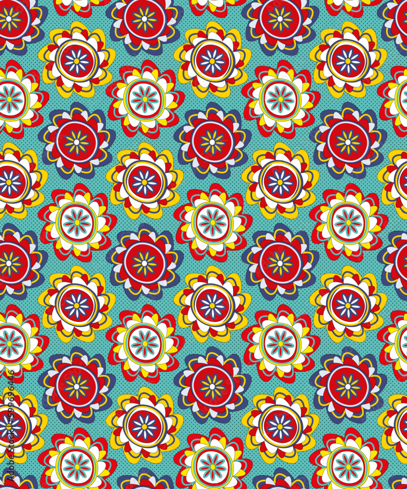 Seamless pattern of drawn decorative flowers in pop art style. Seamless pattern of drawn decorative flowers in pop art style.