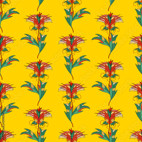 Seamless pattern of abstract flowers on a bright yellow background. Bright vibrant pattern.