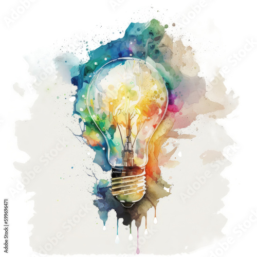 Watercolor light bulb. Illustration AI Generative.