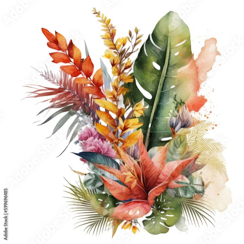 Watercolor tropical flowers. Illustration AI Generative