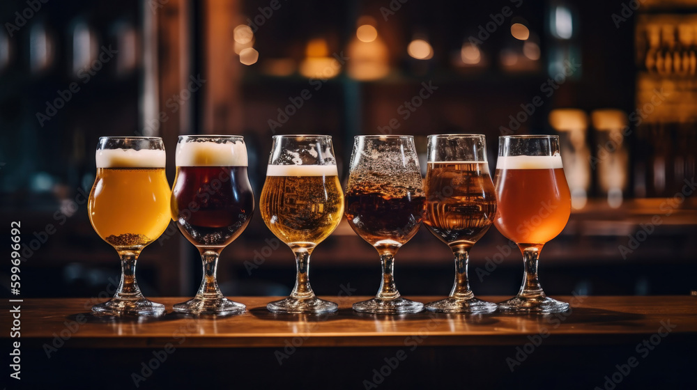 Glasses beers on row. Illustration AI Generative. Glasses beers on row. Illustration AI Generative.
