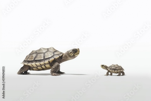 two turtles walking together, one smaller than the other Generative AI