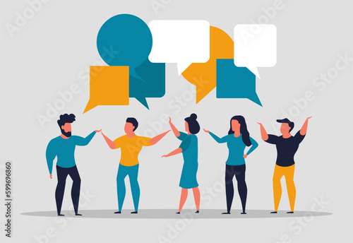 Discussion and conversation of a crowd of people. People talk and discuss their ideas. Company team brainstorming, teamwork. Colleagues discuss work with speech bubbles. Vector illustration concept