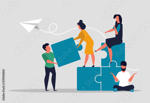 Motivation employees and the overall goal of the team. People are putting the pieces of the puzzle together. Concept teamwork of people and involvement employees in work process. Vector illustration