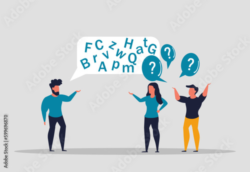 Communicating in complex jargon, talking in technical language. Difficult to understand conversation, conversation on professional topic. People do not understand spoken language. Vector illustration