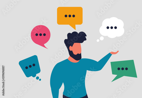 Communication and speaking skills. People verbal skills and people conversations as a communication tool. A young businessman is talking while there are speech bubbles around. Vector illustration