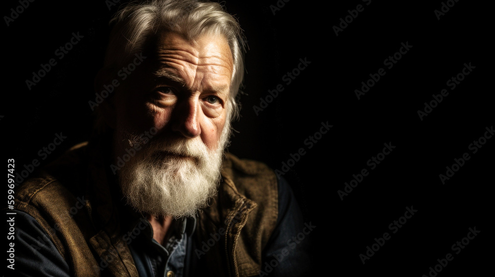 Portrait of Aging Irishman, gray hair and beard, tired and dirty, sits in a dim room. Warm light casts dramatic shadows, revealing a life well-lived. Generative AI Portrait of Aging Irishman, gray hair and beard, tired and dirty, sits in a dim room. Warm light casts dramatic shadows, revealing a life well-lived. Generative AI