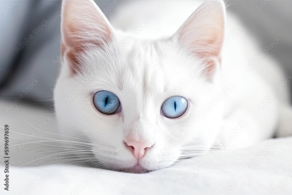 serene white cat with piercing blue eyes resting on a cozy bed Generative AI