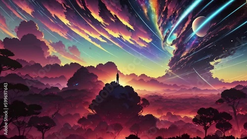 Futuristic cosmic animation with deep space, galaxy, and futuristic cityscape on planet. Bright cosmic animation with illustrations transformations and metamorphose. AI generated cinematic video