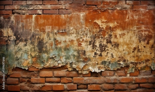  an old brick wall with peeling paint and peeling paint on it. generative ai