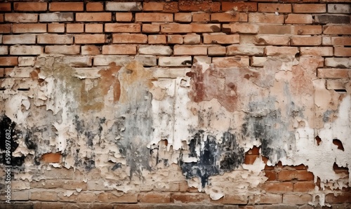  an old brick wall with peeling paint and peeling paint on it. generative ai