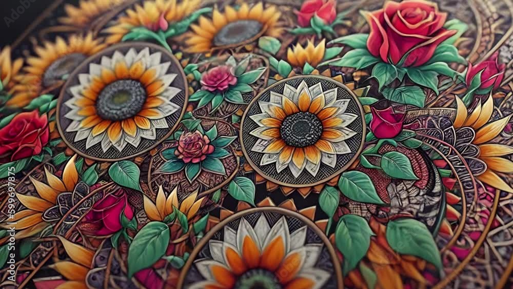 Vintage flowers animation with sunflowers. Floral background with lot